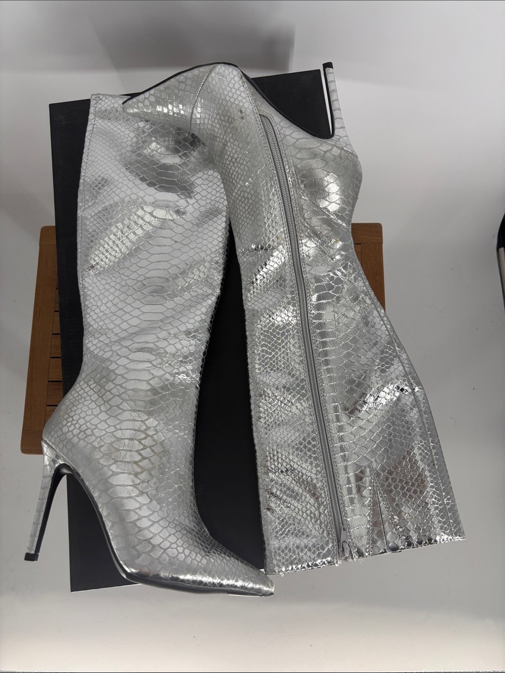NEW INC Silver Snake-Embossed Knee-High Stiletto Boots size 7M